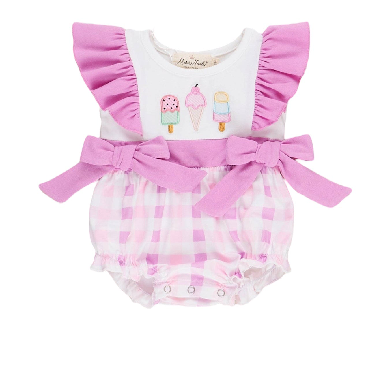 Embroidered Ice Cream Plaid Ruffle Bubble