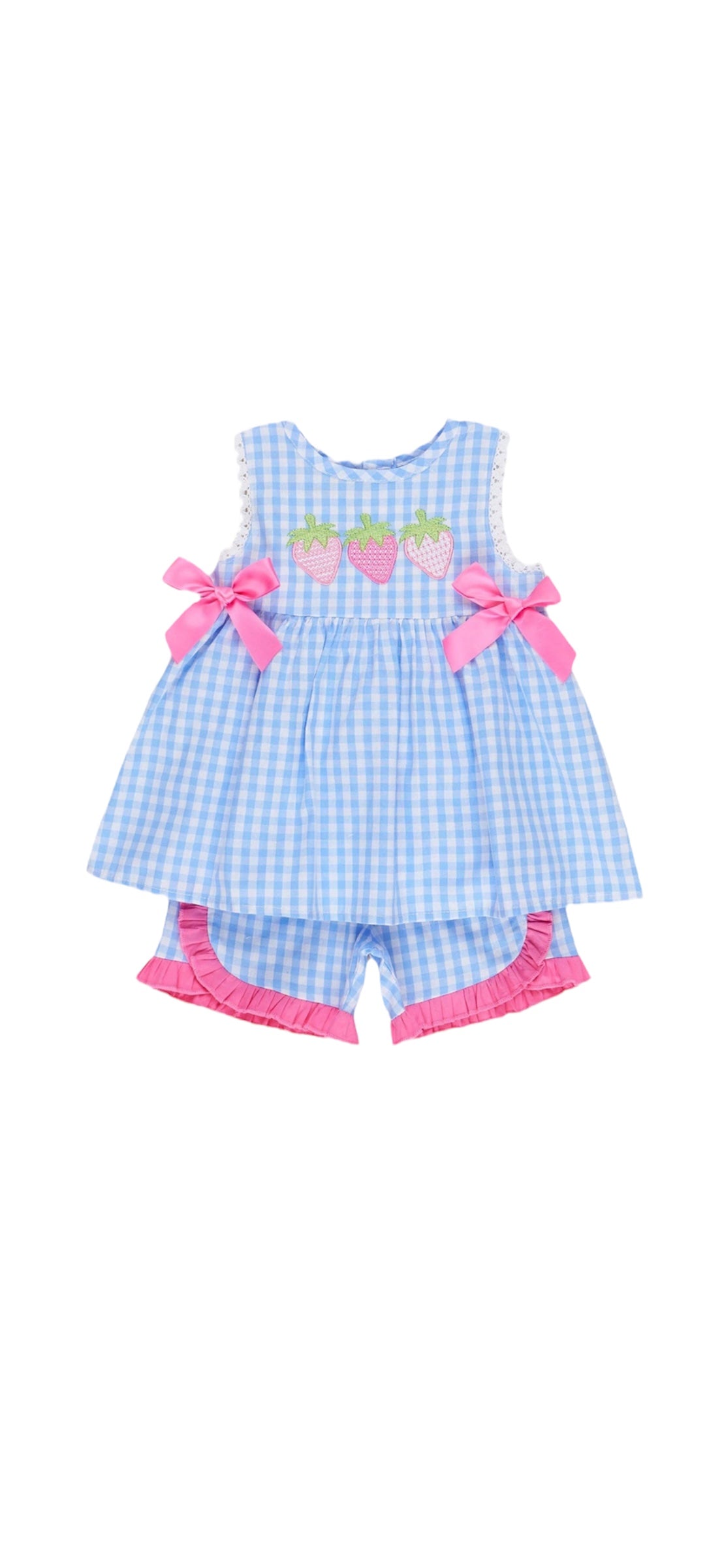 Gingham Embroidered Strawberries Bows Ruffle Outfit