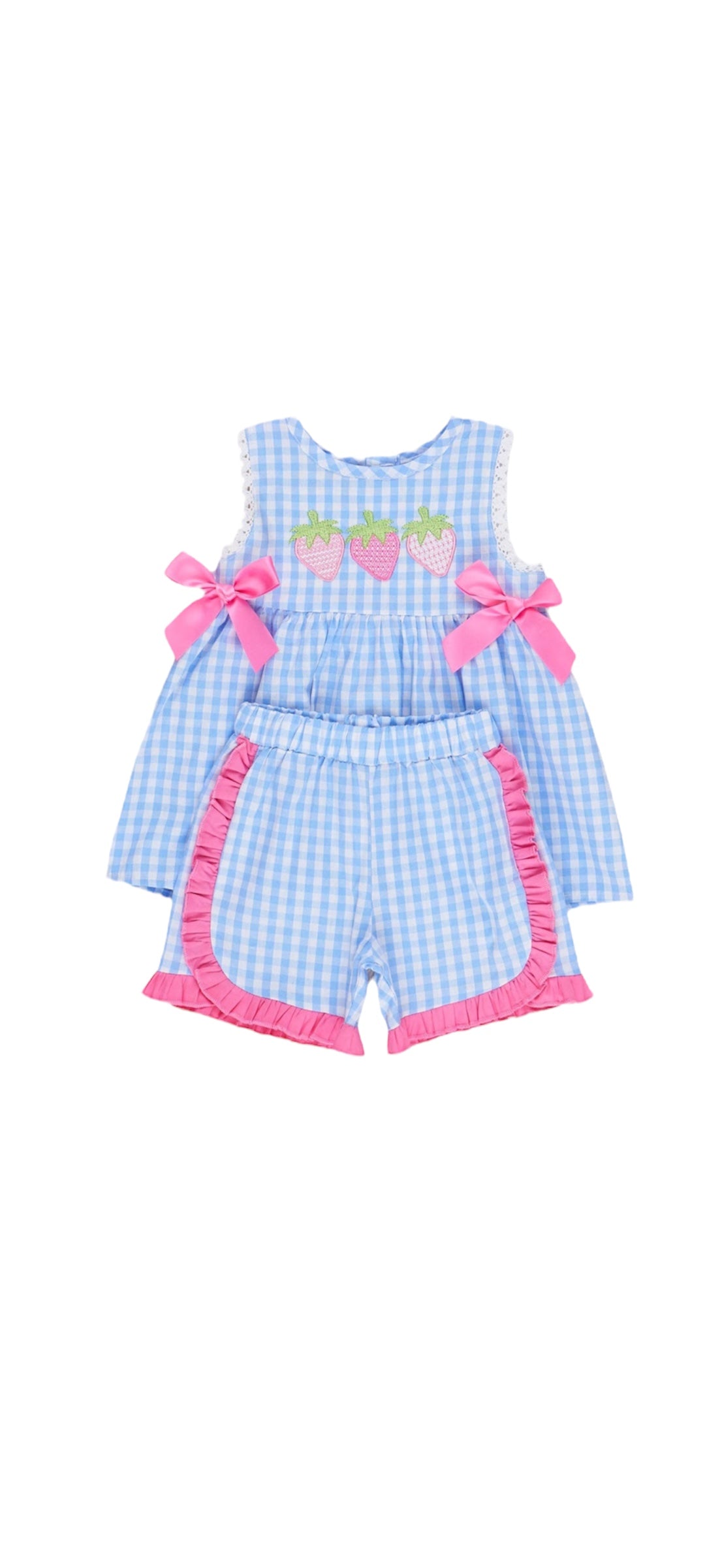 Gingham Embroidered Strawberries Bows Ruffle Outfit