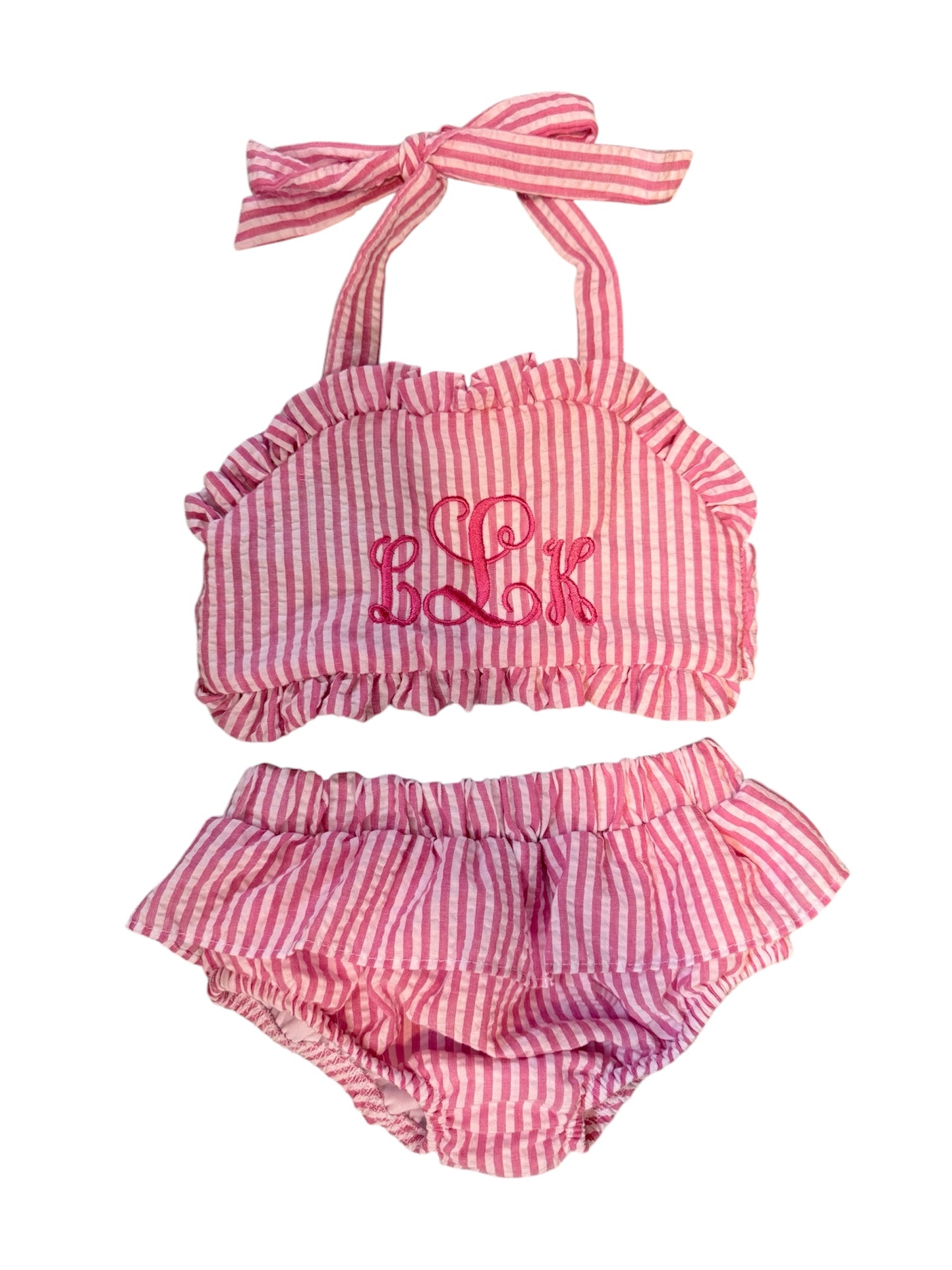 Seersucker Ruffle Embroidered Bikini