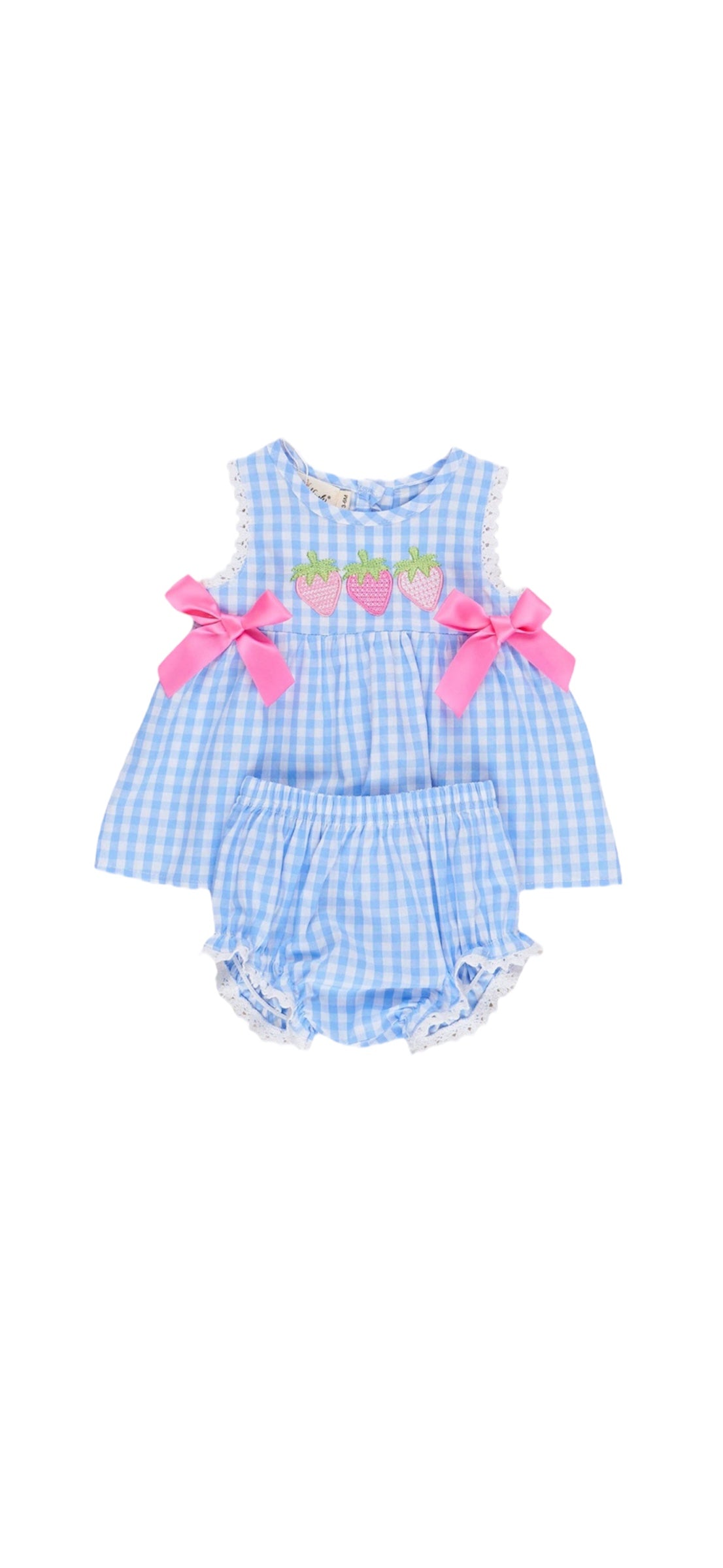 Gingham Embroidered Strawberries Bows Bloomers Outfit