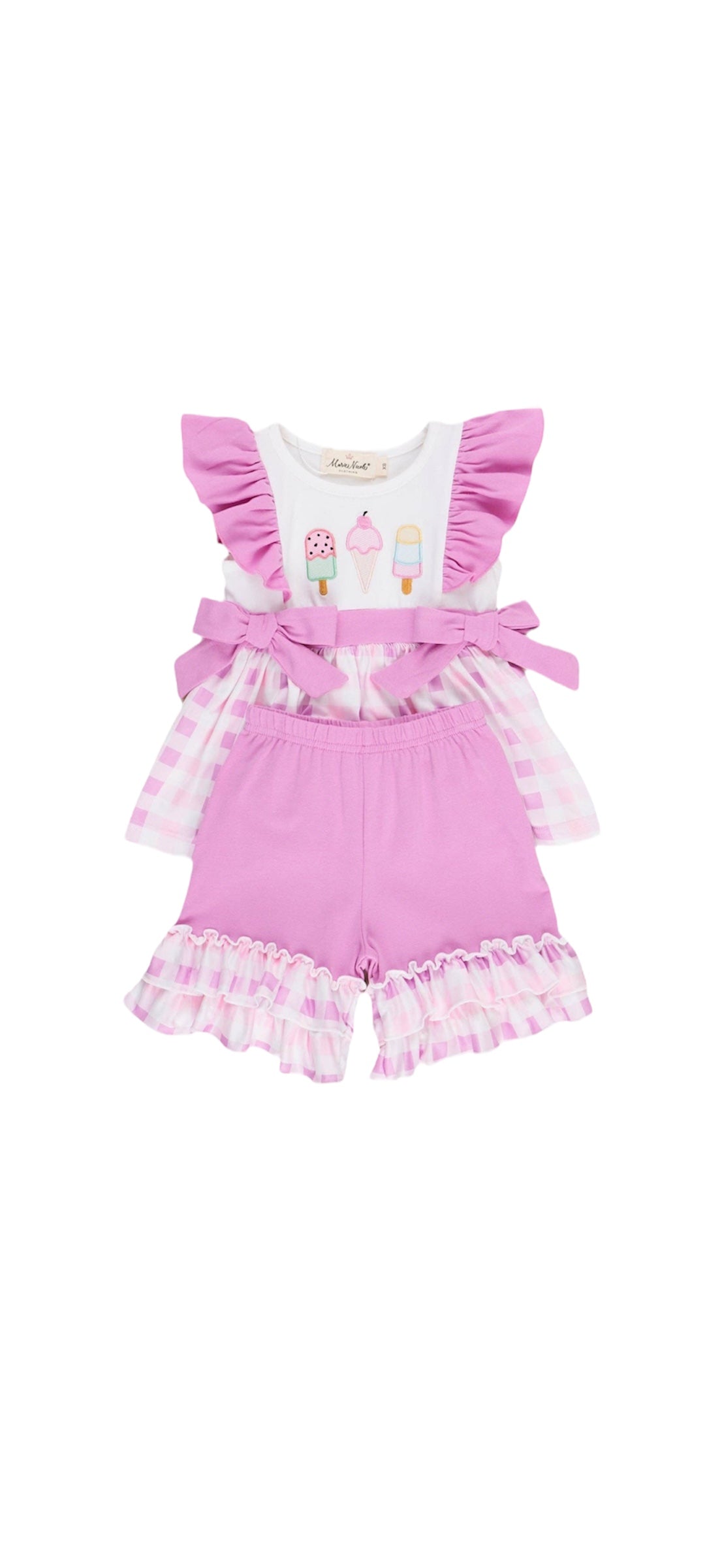 Embroidered Ice Cream Plaid Ruffle Outfit