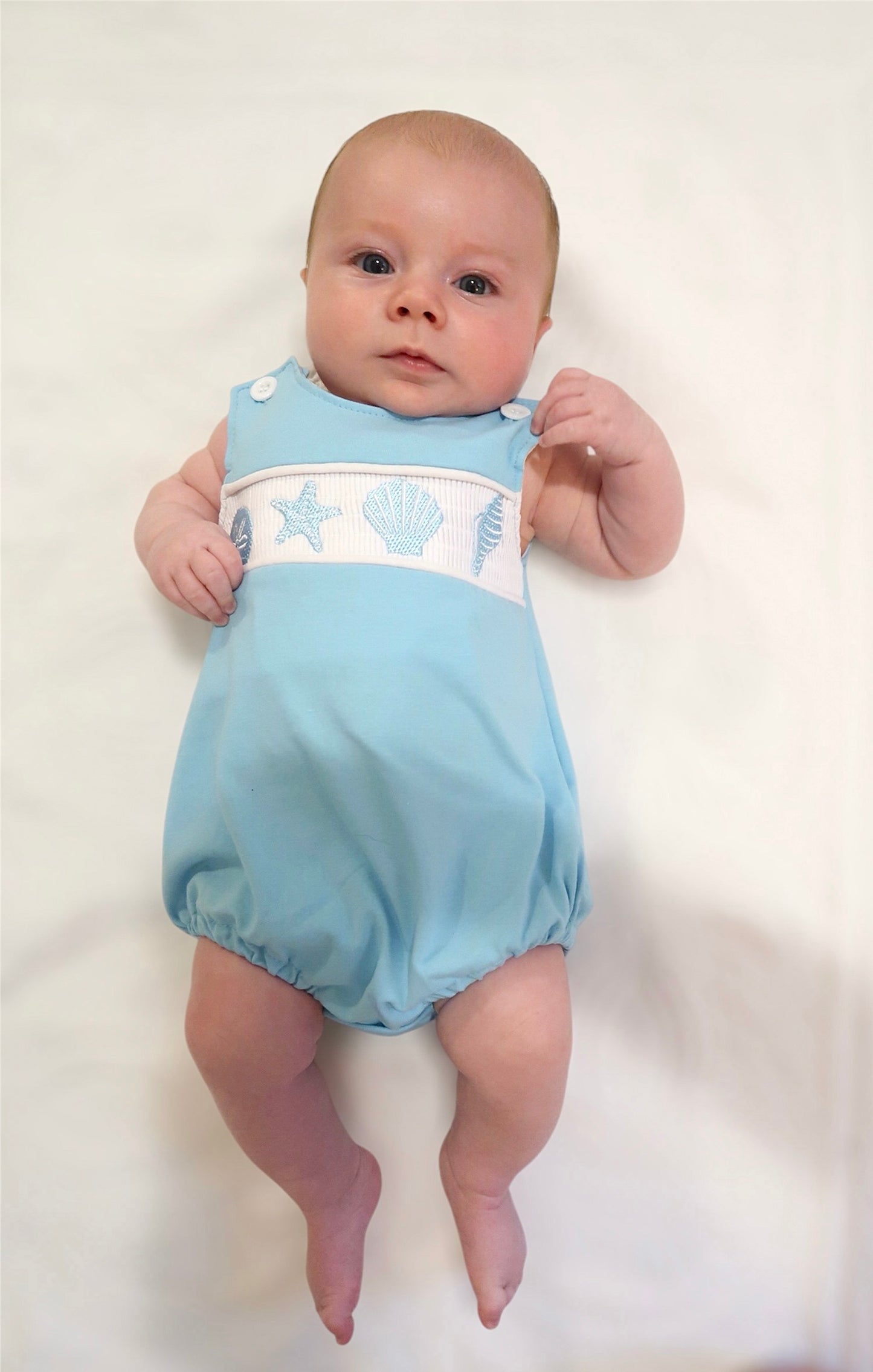 White Starfish Embroidery Smocked Bubble