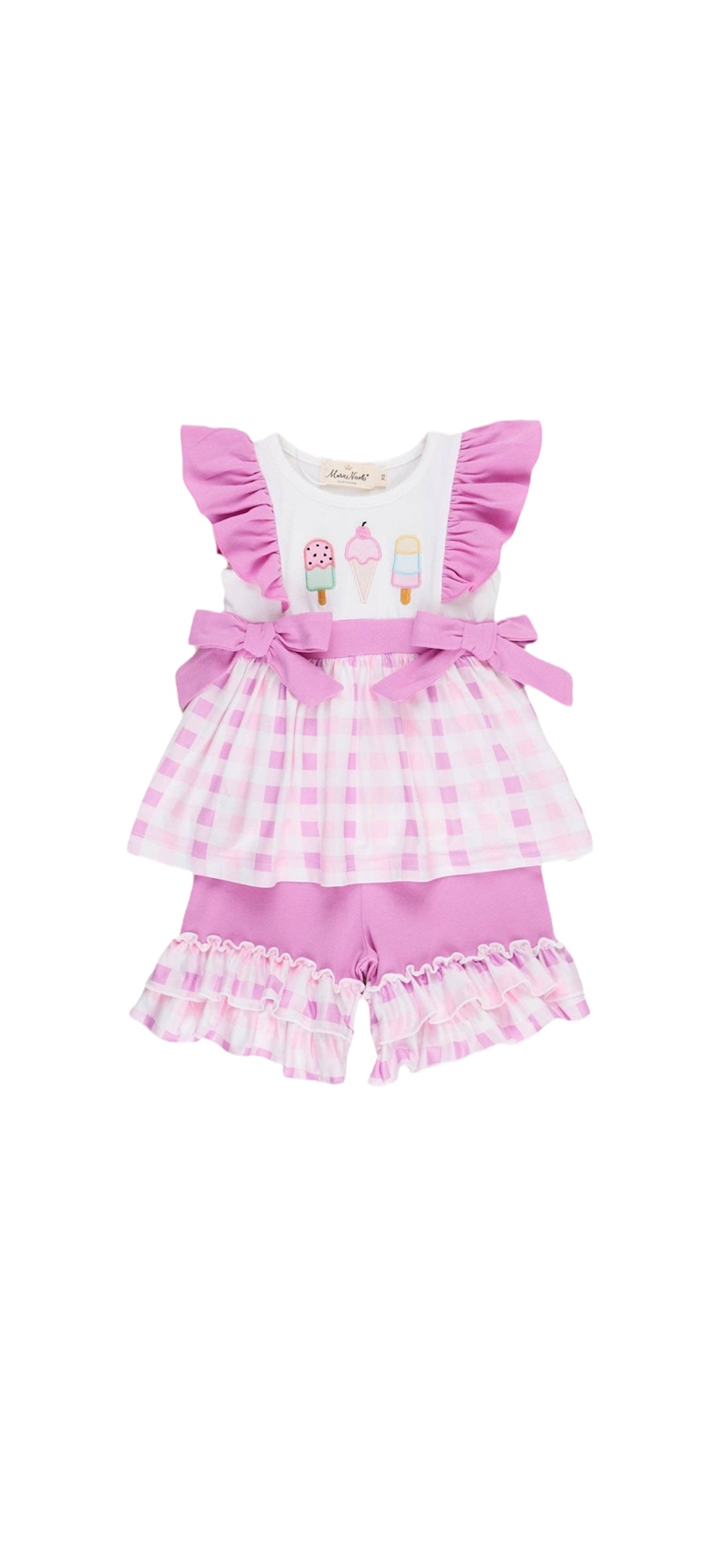Embroidered Ice Cream Plaid Ruffle Outfit