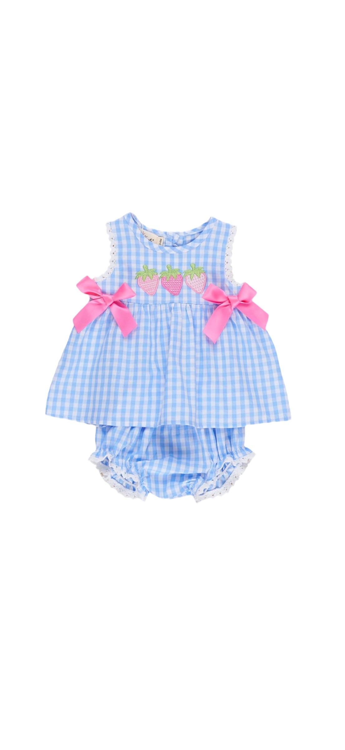 Gingham Embroidered Strawberries Bows Bloomers Outfit